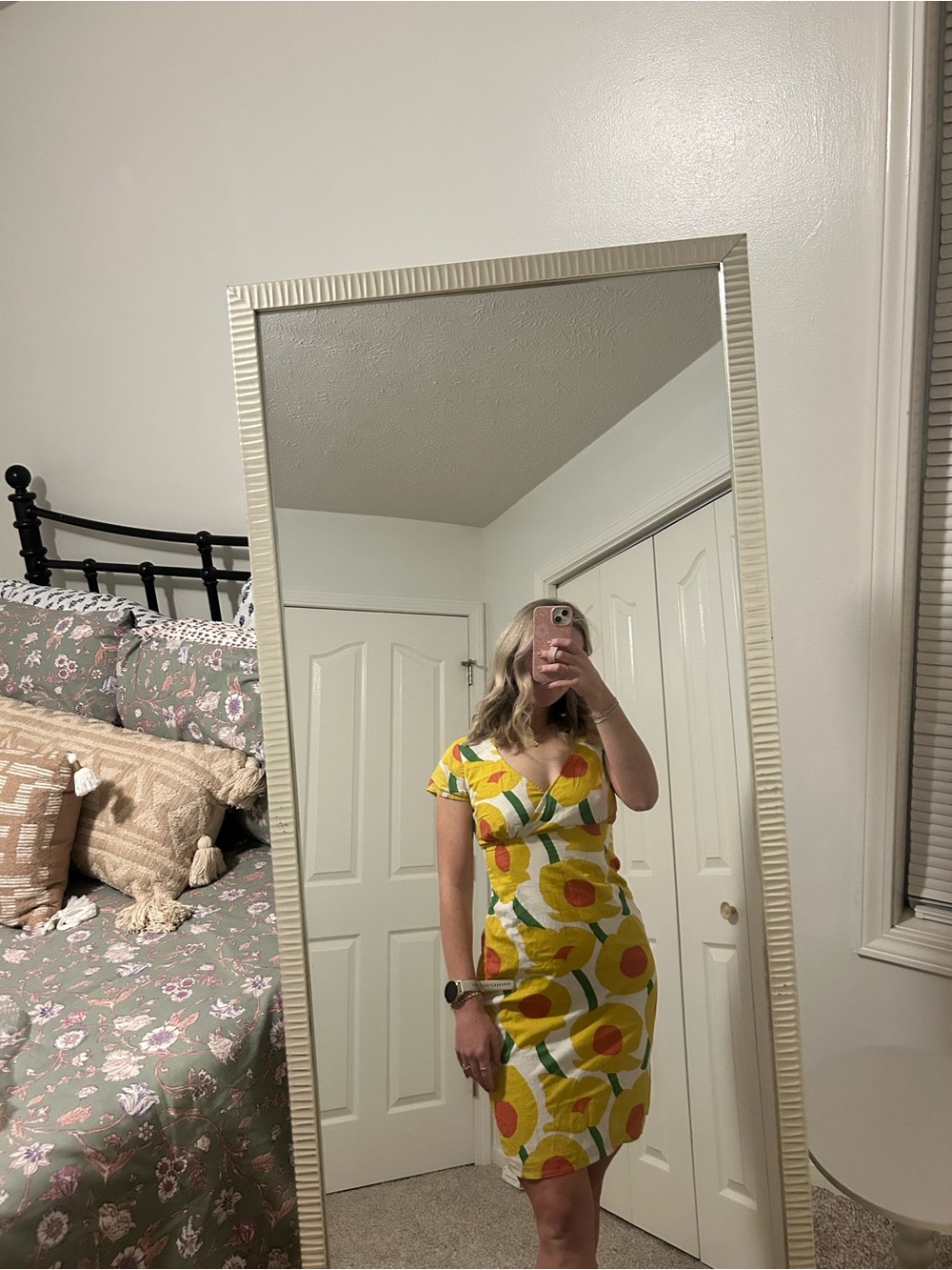 Boden Yellow Floral Wrap-Style Mini Dress